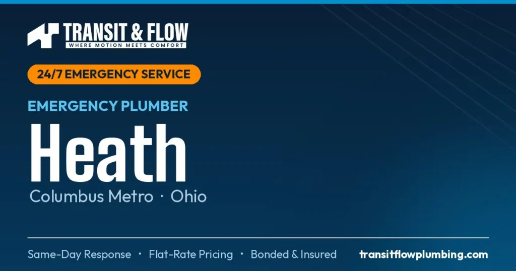 Transit & Flow — 24/7 Emergency Plumber in Heath, Columbus Metro Ohio. Same-day response, flat-rate pricing, bonded & insured.