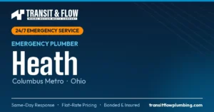 Transit & Flow — 24/7 Emergency Plumber in Heath, Columbus Metro Ohio. Same-day response, flat-rate pricing, bonded & insured.
