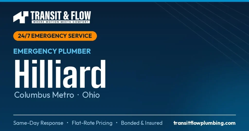 Transit & Flow — 24/7 Emergency Plumber in Hilliard, Columbus Metro Ohio. Same-day response, flat-rate pricing, bonded & insured.