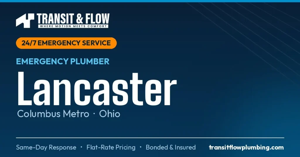 Transit & Flow — 24/7 Emergency Plumber in Lancaster, Columbus Metro Ohio. Same-day response, flat-rate pricing, bonded & insured.