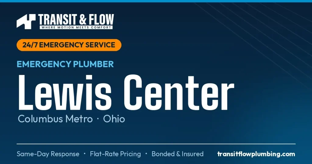 Transit & Flow — 24/7 Emergency Plumber in Lewis Center, Columbus Metro Ohio. Same-day response, flat-rate pricing, bonded & insured.