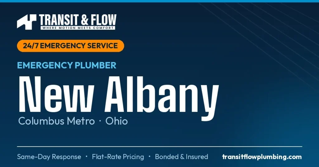 Transit & Flow — 24/7 Emergency Plumber in New Albany, Columbus Metro Ohio. Same-day response, flat-rate pricing, bonded & insured.