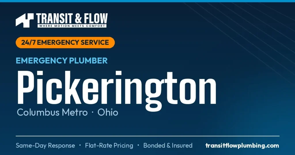 Transit & Flow — 24/7 Emergency Plumber in Pickerington, Columbus Metro Ohio. Same-day response, flat-rate pricing, bonded & insured.