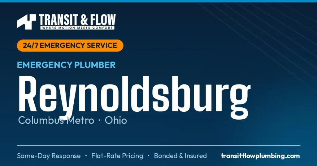 Transit & Flow — 24/7 Emergency Plumber in Reynoldsburg, Columbus Metro Ohio. Same-day response, flat-rate pricing, bonded & insured.