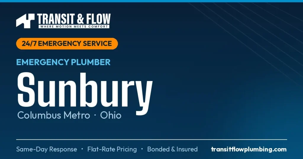 Transit & Flow — 24/7 Emergency Plumber in Sunbury, Columbus Metro Ohio. Same-day response, flat-rate pricing, bonded & insured.