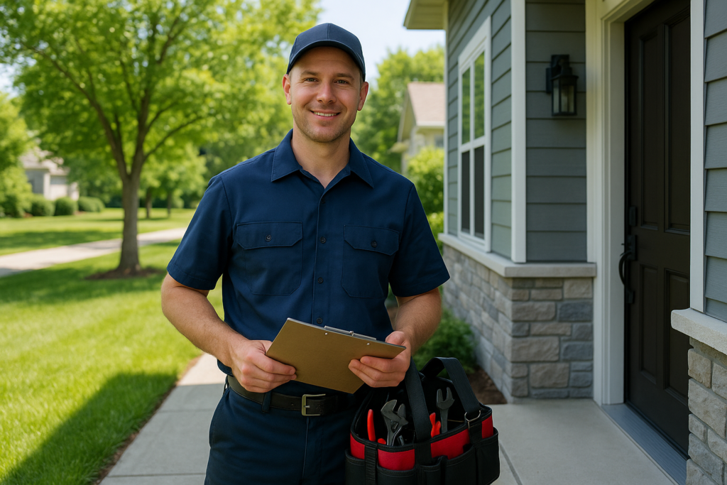 Photorealistic professional plumber in clean navy uniform standing at front door of a modern Dublin