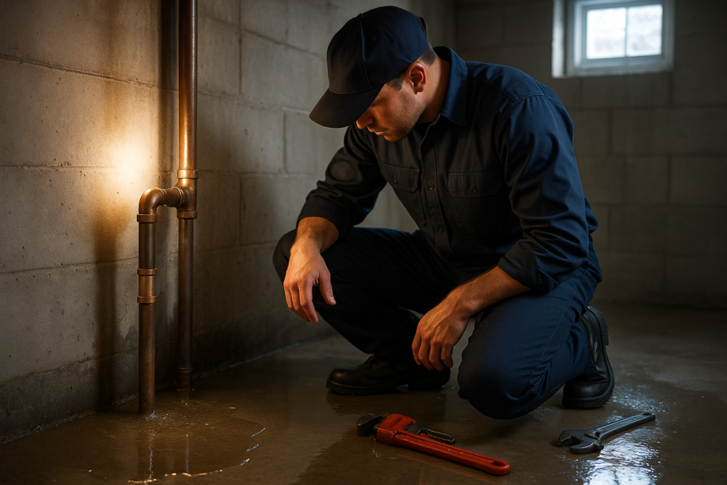 Photorealistic professional plumber in clean navy uniform kneeling beside a copper pipe repair in a