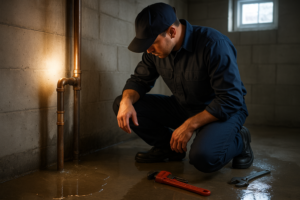 Photorealistic professional plumber in clean navy uniform kneeling beside a copper pipe repair in a