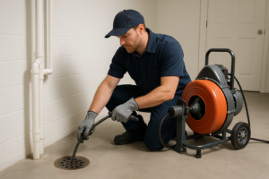 Photorealistic professional plumber in clean navy uniform using a cable drain machine near a basemen