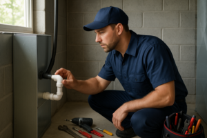 Photorealistic professional HVAC and plumbing technician in clean navy uniform inspecting an AC cond