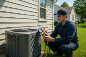 Photorealistic professional HVAC technician in clean navy uniform inspecting an outdoor AC condensin
