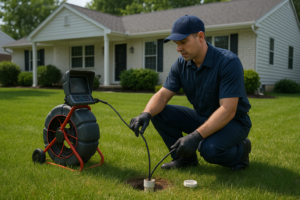 Photorealistic professional plumber in clean navy uniform performing sewer camera inspection through