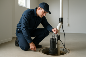 Photorealistic professional plumber in clean navy uniform inspecting a sump pump inside a sump pit i