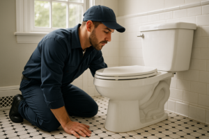 Photorealistic professional plumber in clean navy uniform kneeling beside a white toilet in a well-l