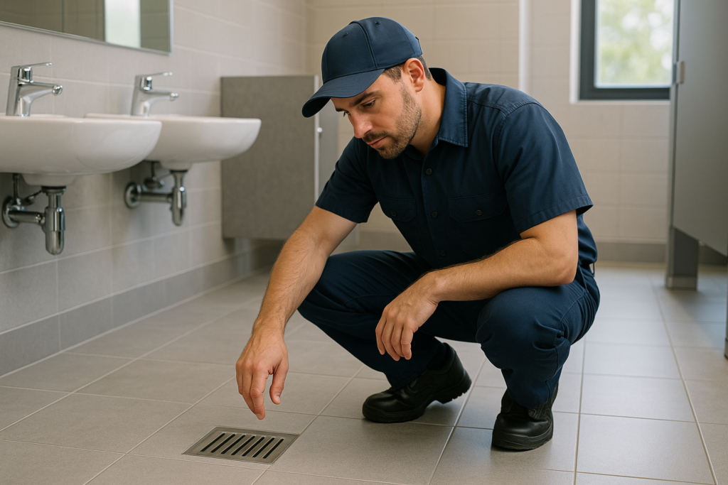 Photorealistic professional plumber in clean navy uniform inspecting a commercial restroom floor dra