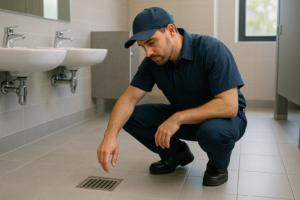 Photorealistic professional plumber in clean navy uniform inspecting a commercial restroom floor dra