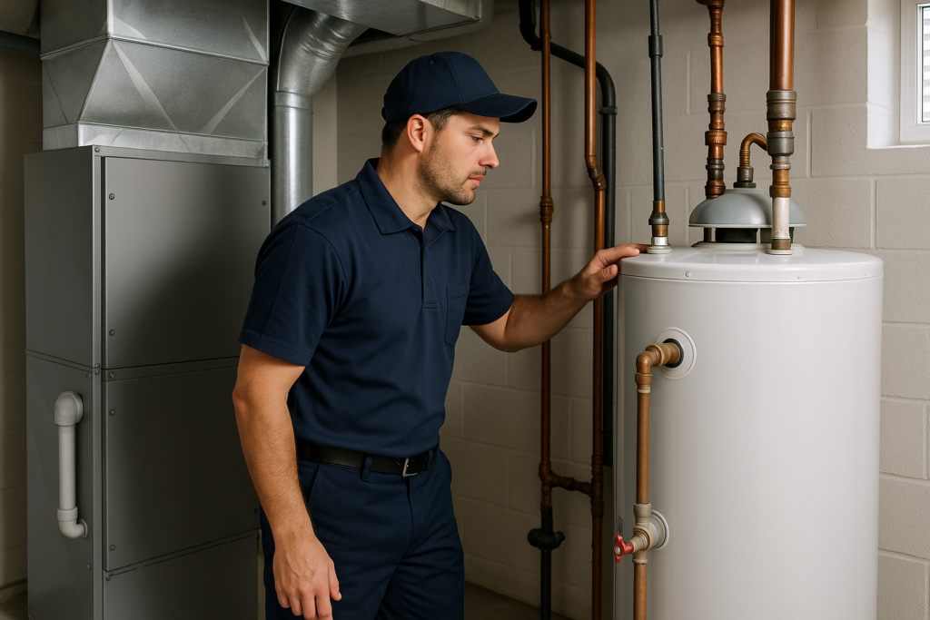Photorealistic professional plumber in clean navy uniform inspecting a tank-style water heater next
