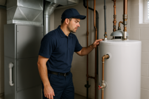 Photorealistic professional plumber in clean navy uniform inspecting a tank-style water heater next