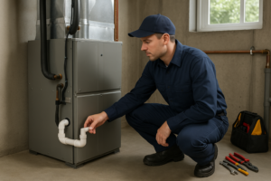 Photorealistic professional HVAC and plumbing technician in clean navy uniform kneeling beside an in