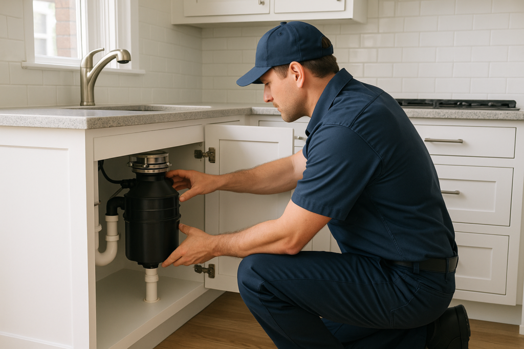 Photorealistic professional plumber in clean navy uniform inspecting a garbage disposal unit under a