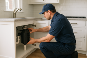 Photorealistic professional plumber in clean navy uniform inspecting a garbage disposal unit under a