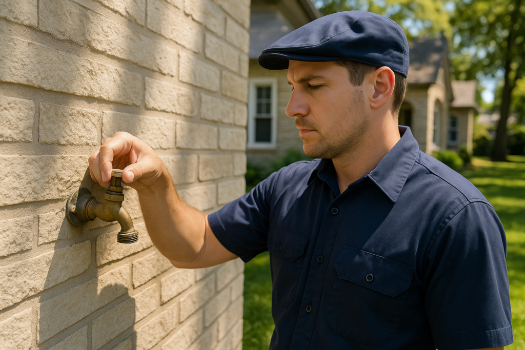 Photorealistic professional plumber in clean navy uniform inspecting a brass hose bib on the exterio