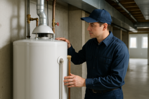 Photorealistic professional plumber in clean navy uniform inspecting a traditional tank water heater