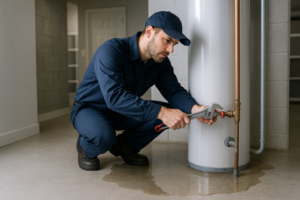 Photorealistic professional plumber in clean navy uniform responding to an emergency water leak in a
