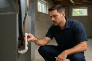 Photorealistic professional technician in clean navy uniform inspecting an AC condensate drain line
