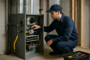 Photorealistic professional HVAC technician in clean navy uniform inspecting a residential gas furna