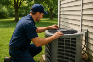 Photorealistic professional HVAC technician in clean navy uniform inspecting a residential central a