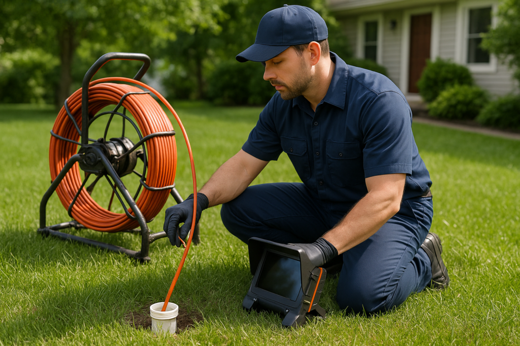 Photorealistic professional plumber in clean navy uniform performing a sewer camera inspection at a