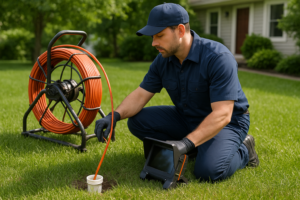 Photorealistic professional plumber in clean navy uniform performing a sewer camera inspection at a