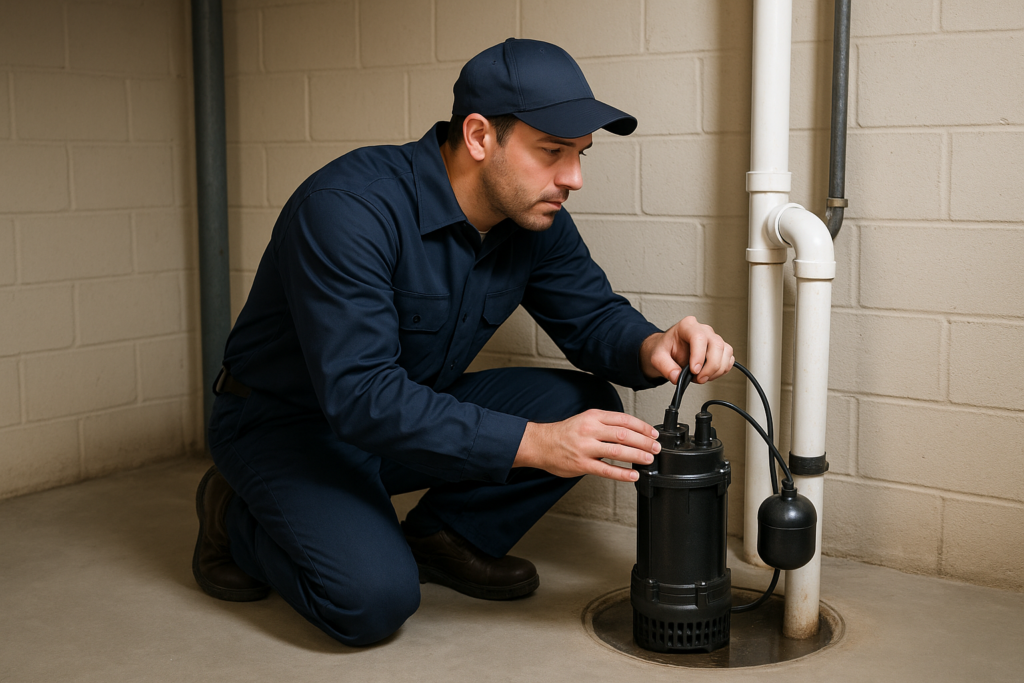 Photorealistic professional plumber in clean navy uniform inspecting a submersible sump pump in a cl
