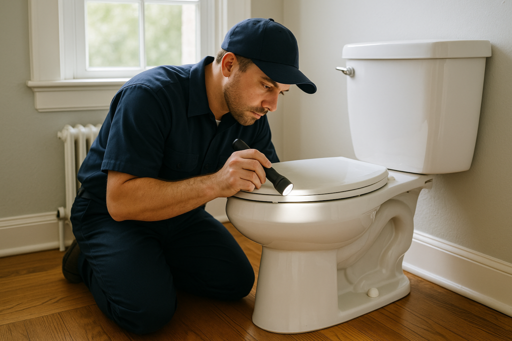 Photorealistic professional plumber in clean navy uniform kneeling beside a white toilet in a well-l