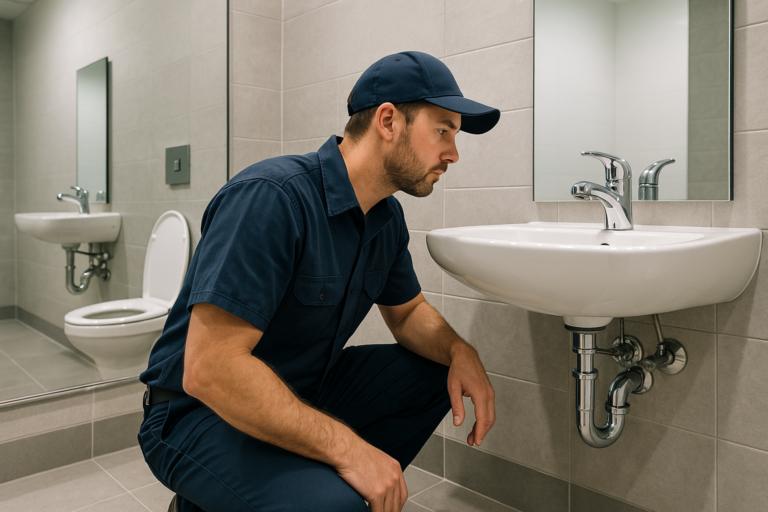 Photorealistic Professional Plumber In Clean Navy Uniform Inspecting Commercial Restroom Plumbing Fi