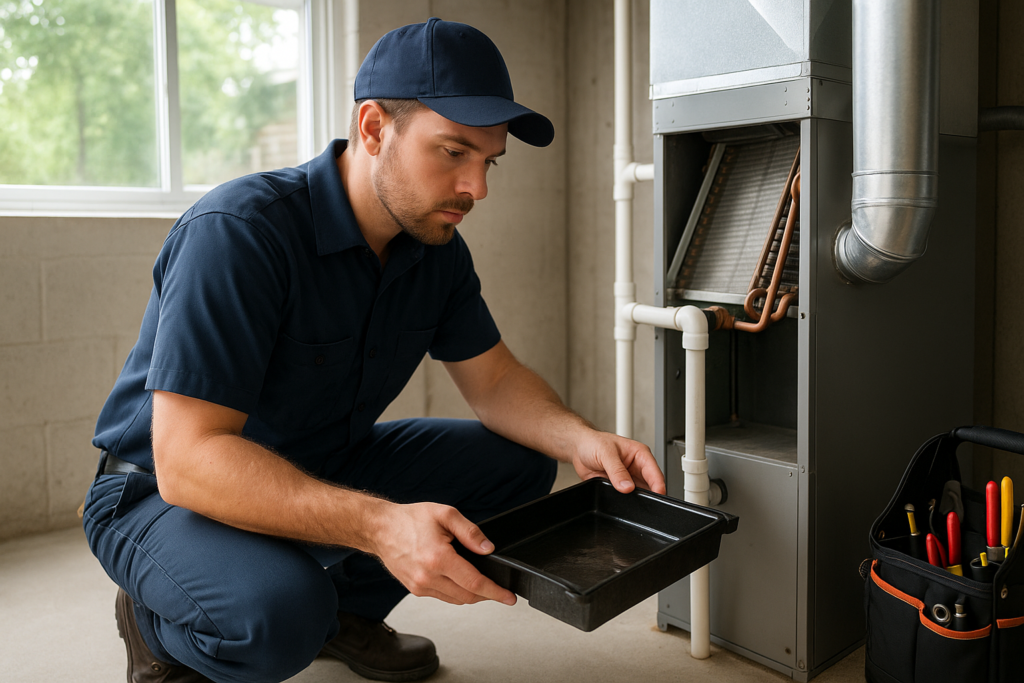 Photorealistic professional HVAC and plumbing technician in clean navy uniform inspecting an AC air