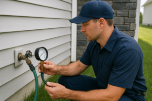 Photorealistic professional plumber in clean navy uniform using a pressure gauge on an outdoor hose