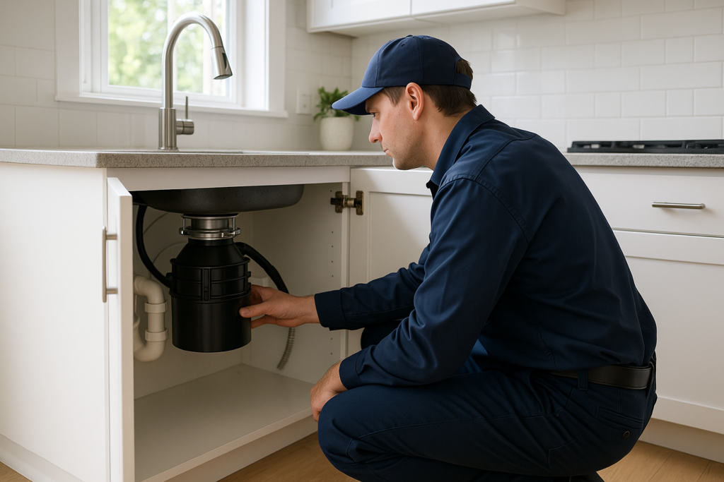 Photorealistic image of a professional plumber in a clean navy uniform kneeling under a modern kitch