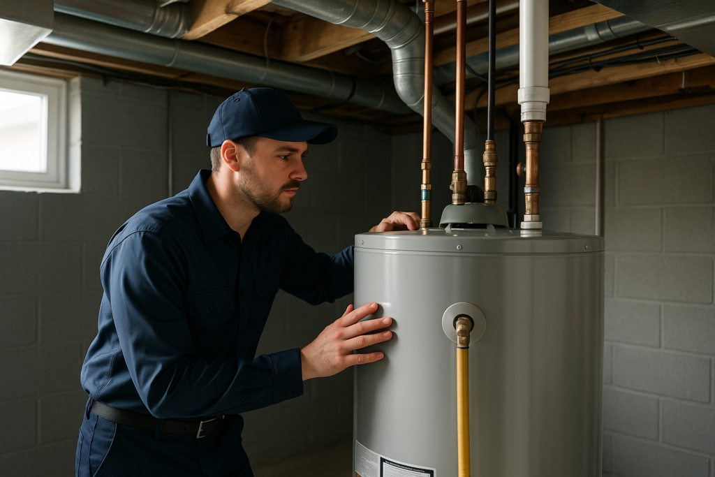 Photorealistic professional plumber in clean navy uniform inspecting a conventional tank water heate