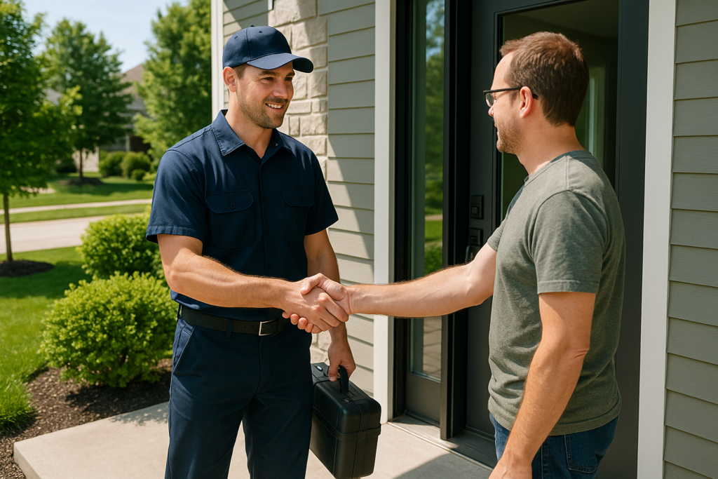Photorealistic professional plumber in clean navy blue uniform shaking hands with a homeowner at the