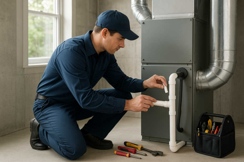 Photorealistic professional technician in clean navy uniform inspecting an AC condensate drain line