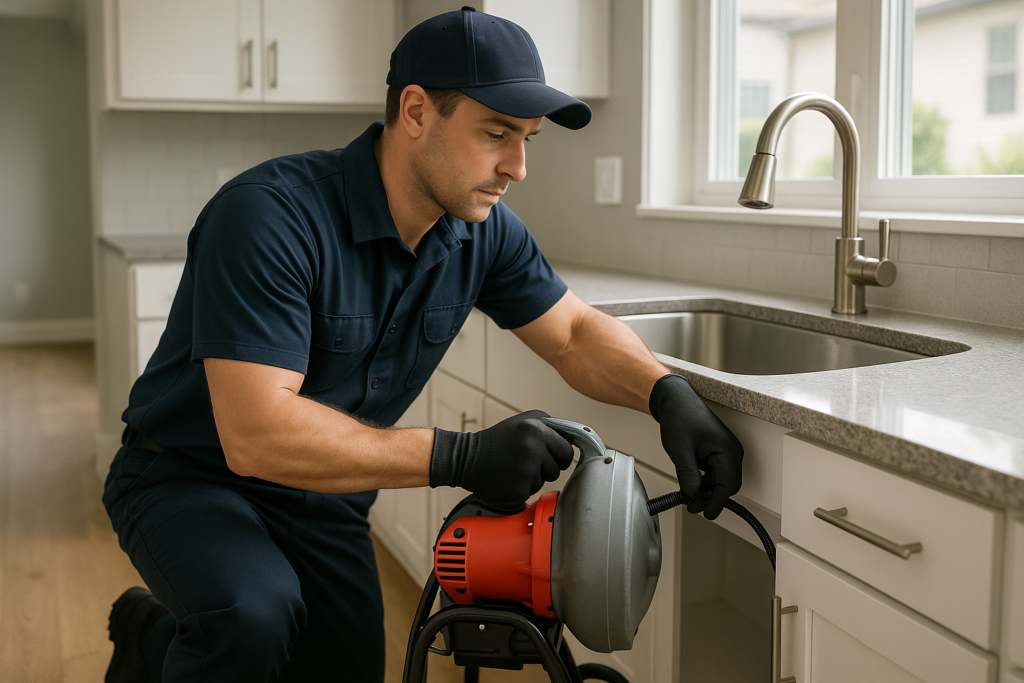 Photorealistic professional plumber in clean navy uniform using a motorized drain snake on a kitchen