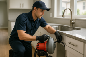 Photorealistic professional plumber in clean navy uniform using a motorized drain snake on a kitchen