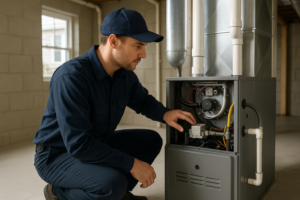 Photorealistic professional HVAC technician in clean navy blue uniform inspecting a residential gas