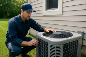 Photorealistic professional HVAC technician in clean navy uniform inspecting an outdoor AC condenser