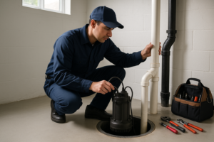 Photorealistic professional plumber in clean navy uniform inspecting a submersible sump pump in a dr