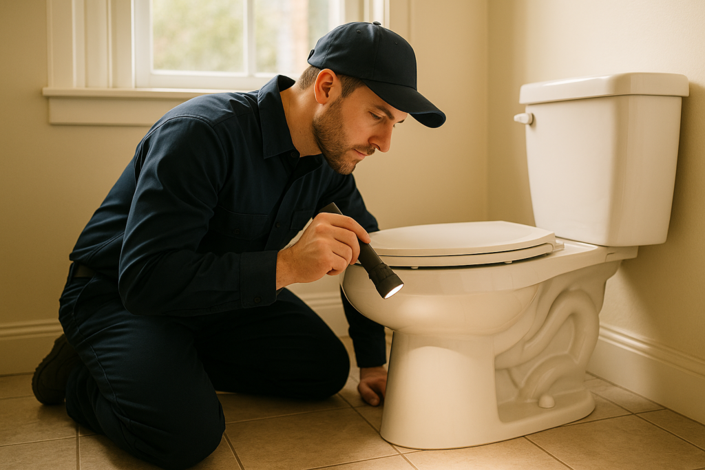 Photorealistic professional plumber in clean navy uniform kneeling beside a white toilet in a well-l