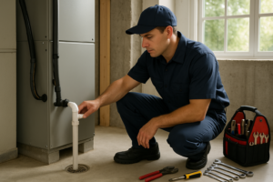 Photorealistic professional HVAC and plumbing technician in clean navy uniform inspecting an AC cond