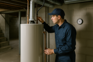 Photorealistic professional technician in clean navy uniform inspecting a tank water heater in a wel